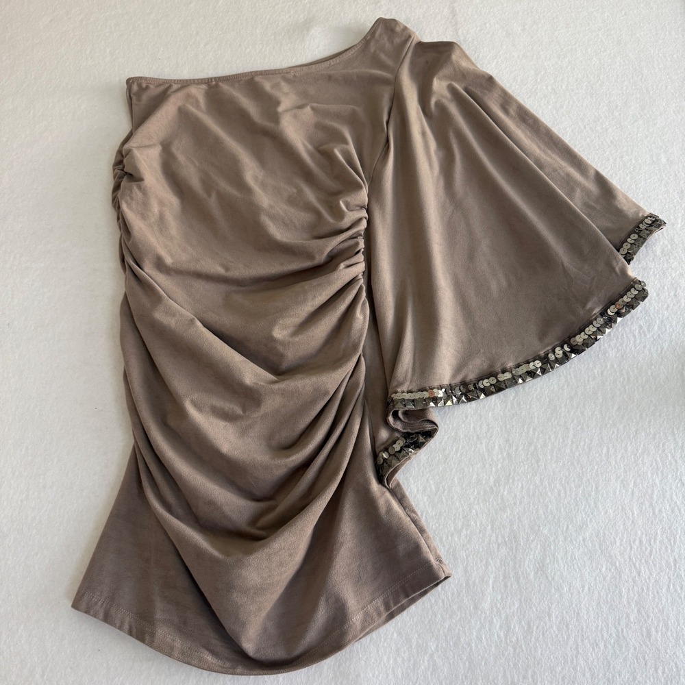 2b Bebe One Shoulder Suede Dress Womens Medium Taupe Sequin Ruched One Shoulder